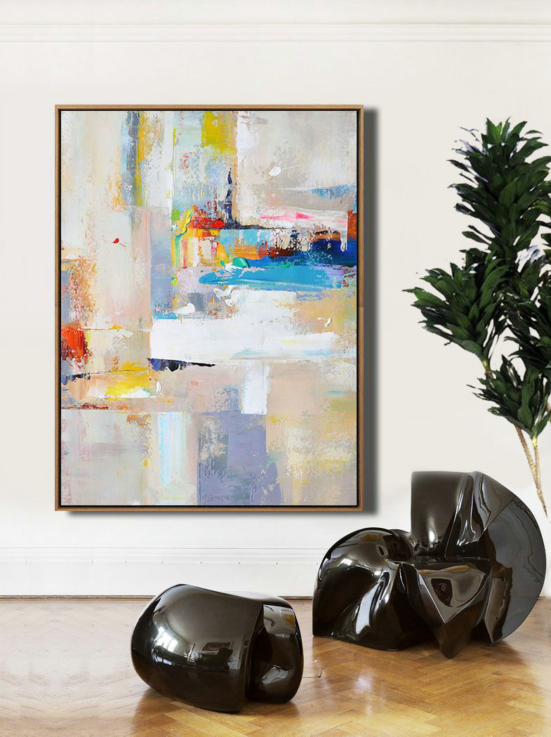 Large Abstract Art,Vertical Palette Knife Contemporary Art,Acrylic Painting On Canvas,Beige,White,Blue,Red,Yellow,Pink.etc
